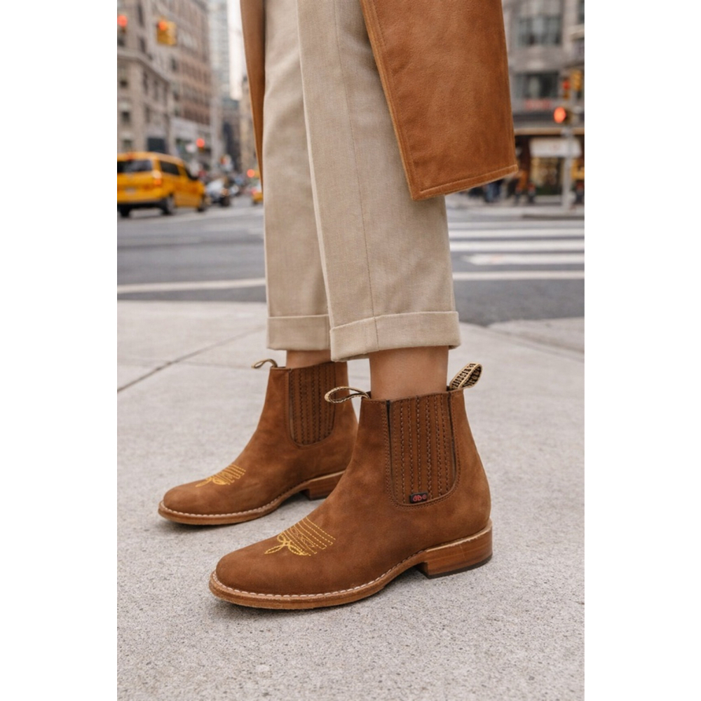 Besserro Brown Suede Chelsea Ankle Boots Western Embroidered Leather 21 MEX
